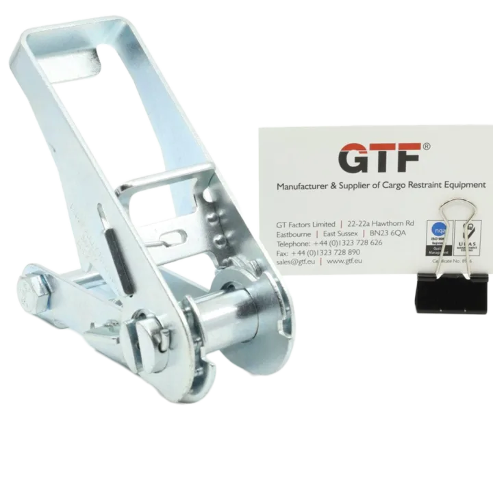 25Mm, 2000Kg Long Narrow Handle Ratchet Buckle - With Business Card For Scale