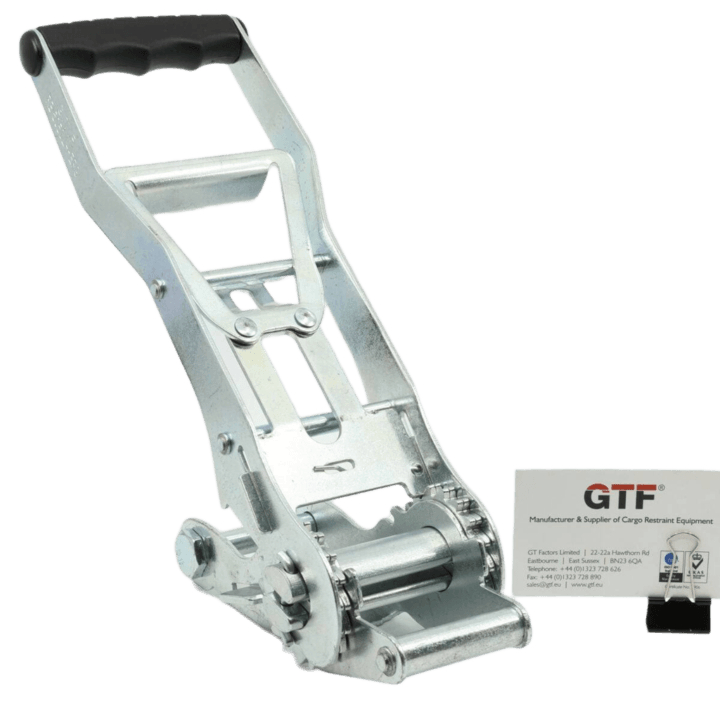 Rb5050Lh-Erg - 50Mm, 5000Kg Long Handle Ergonomic Ratchet Buckle - With Business Card For Scale