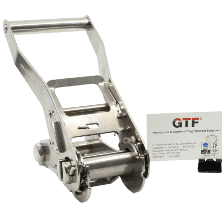 Rb5030Lokss - 50Mm, 3000Kg Stainless Steel Locking Ratchet Buckle - With Business Card For Scale