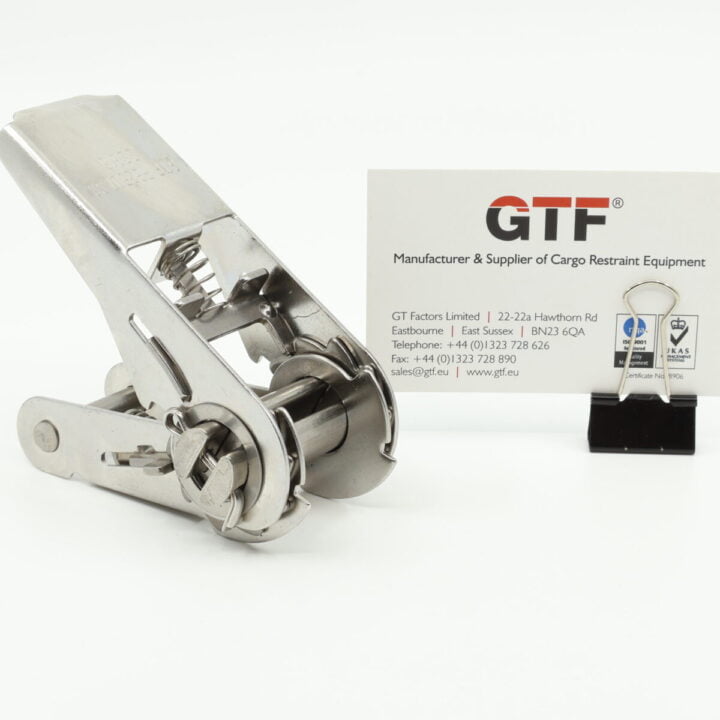 25Mm, 700Kg Stainless Steel Ratchet Buckle - With Business Card For Scale