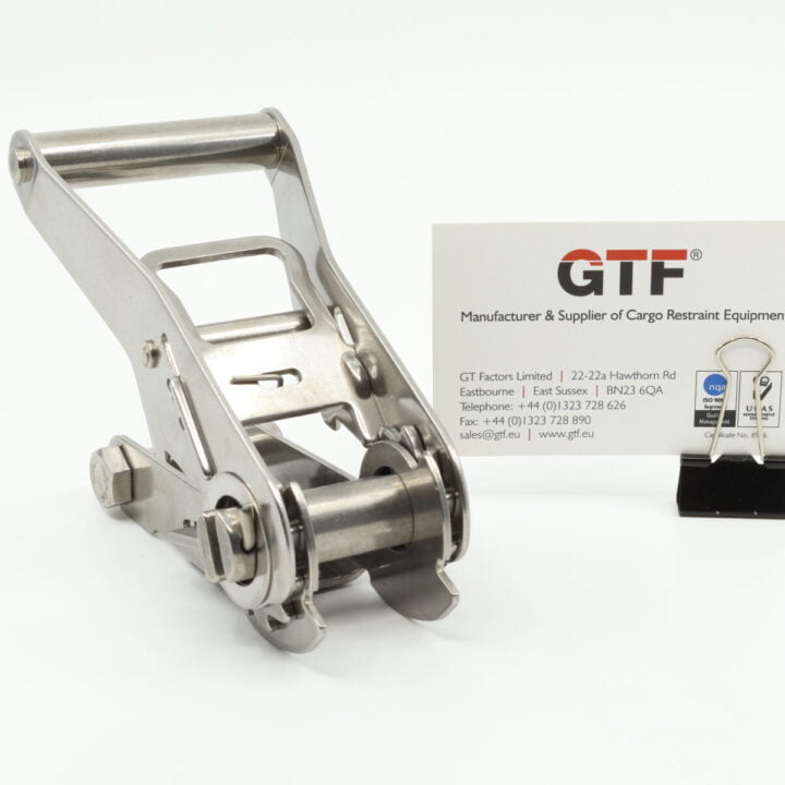 25Mm, 1500Kg Stainless Steel Ratchet Buckle - With Business Card For Scale