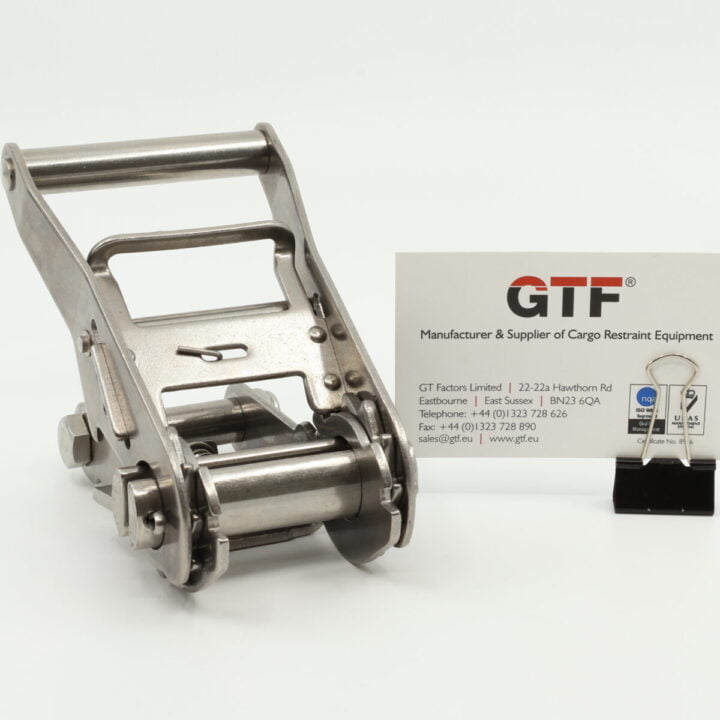 35Mm, 1500Kg 316 Stainless Steel Locking Ratchet Buckle - With Business Card For Scale